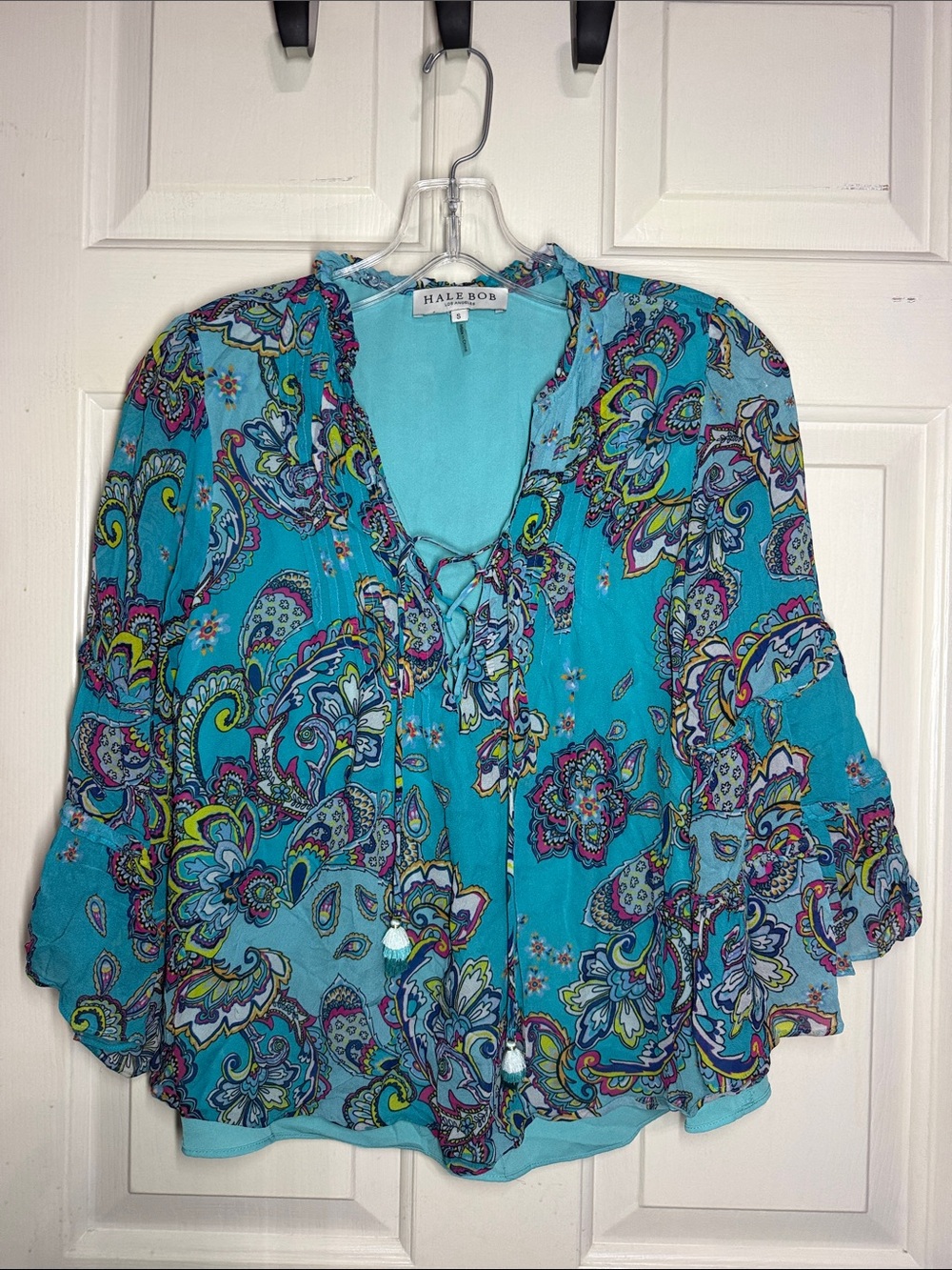 Hale Bob Turquoise Multicolor Paisley Lace-Up Blouse